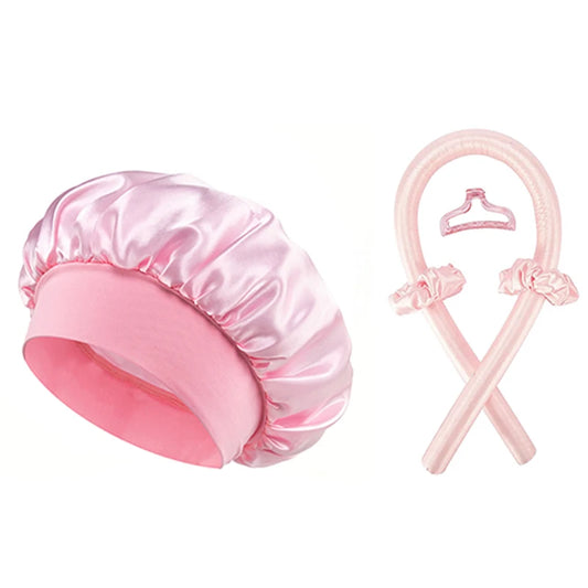 No Heat Hair Curler and Satin Sleeping Cap Set Heatless Hair Curling Headband Hair Claw Clip Hair Rings Soft Sleeping Hat Salon