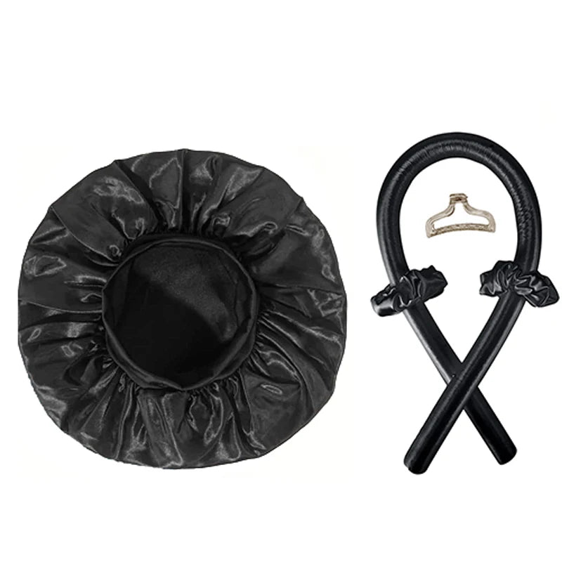 No Heat Hair Curler and Satin Sleeping Cap Set Heatless Hair Curling Headband Hair Claw Clip Hair Rings Soft Sleeping Hat Salon